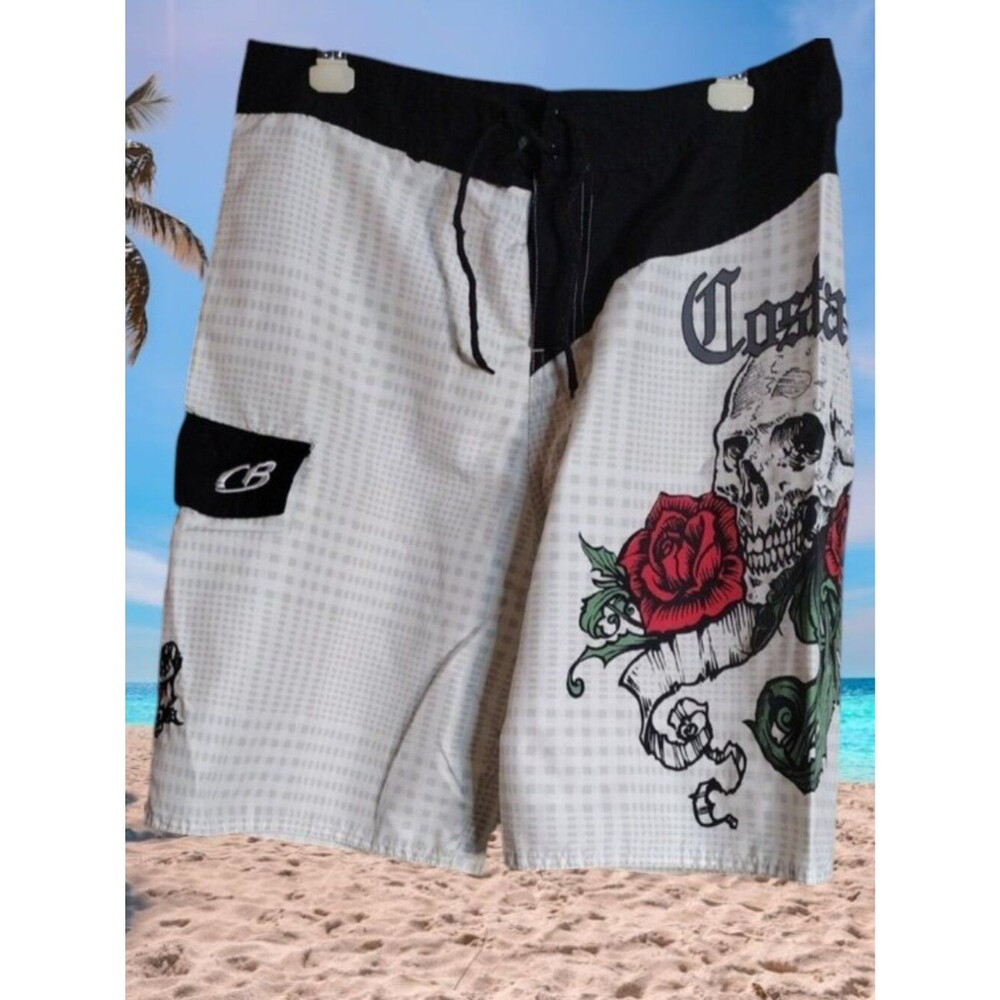 Costa Blanca White Board Shorts with Skull & Red Rose Graphic Size Small